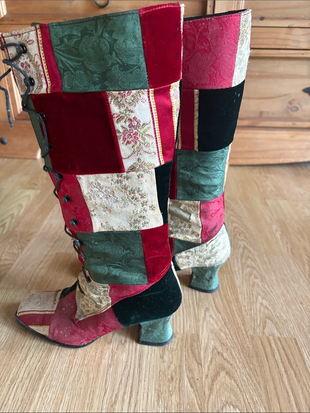 Kennith Cole Patchwork Lace-Up Knee-High Boots in Red, Green & Black - Picture 2 of 5